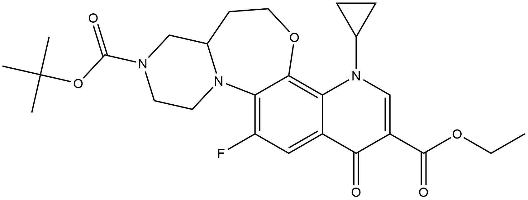 11H-Pyrazino[2,1-d]pyrido[3,2-i][1,5]benzoxazepine-4,11-dicarboxylic acid, 6-cyclopropyl-1-fluoro-3,6,8,9,9a,10,12,13-octahydro-3-oxo-, 11-(1,1-diMethylethyl) 4-ethyl ester Struktur