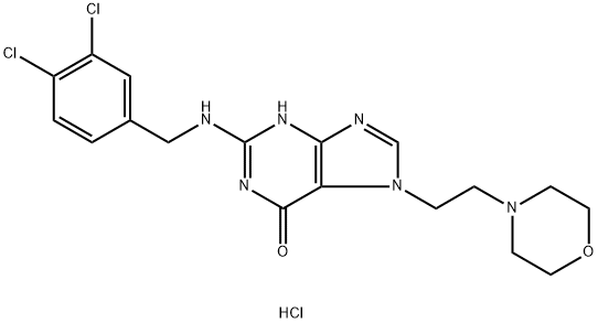 6H-Purin-6-one, 2-[[(3,4-dichlorophenyl)methyl]amino]-1,7-dihydro-7-[2-(4-morpholinyl)ethyl]-, hydrochloride (1:1) Struktur