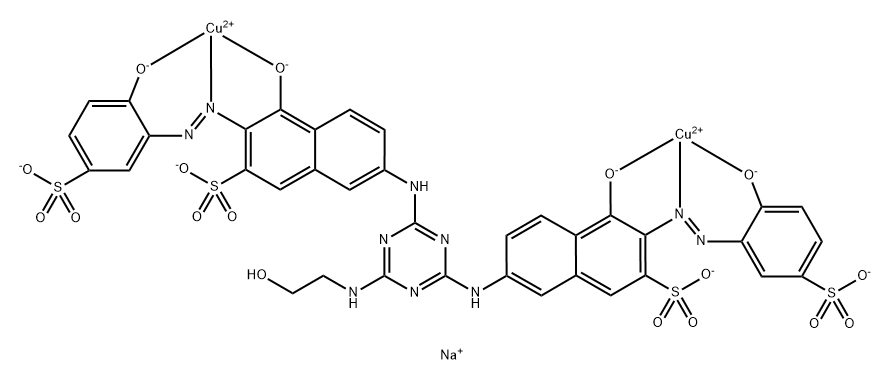 Cuprate(4-), .mu.-7,7-6-(2-hydroxyethyl)amino-1,3,5-triazine-2,4-diyldiiminobis4-(hydroxy-.kappa.O)-3-2-(hydroxy-.kappa.O)-5-sulfophenylazo-.kappa.N1-2-naphthalenesulfonato(8-)di-, tetrasodium Struktur