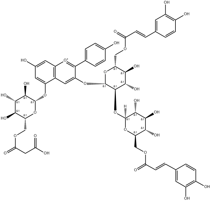 Pelargonidin 3-O-[6-O-(E)-Caffeoyl-2-O-{6-O-(E)-Caffeoyl-β-D-glucoside}-β-D-glucoside]-5-O-(6-O-malonyl）-β-D-glucoside Struktur