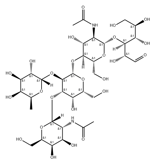 O-2-(Acetylamino)-2-deoxy-alpha-D-galactopyranosyl-(1-3)-O-[6-deoxy-alpha-L-galactopyranosyl-(1-2)]-O-beta-D-galactopyranosyl-(1-4)-O-2-(acetylamino)-2-deoxy-beta-D-glucopyranosyl-(1-3)-D-galactose Struktur