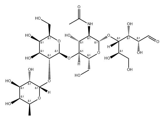 O-6-Deoxy-alpha-L-galactopyranosyl-(1-2)-O-beta-D-galactopyranosyl-(1-4)-O-2-(acetylamino)-2-deoxy-beta-D-glucopyranosyl-(1-4)-D-galactose Struktur