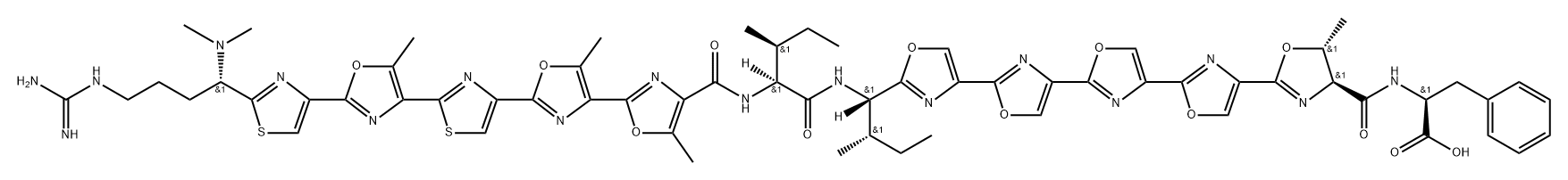 L-Phenylalanine, N-[[2′-[2-[2-[2-[(1S)-4-[(aminoiminomethyl)amino]-1-(dimethylamino)butyl]-4-thiazolyl]-5-methyl-4-oxazolyl]-4-thiazolyl]-5,5′-dimethyl[2,4′-bioxazol]-4-yl]carbonyl]-L-isoleucyl-(4S,5R)-2′′′′-[(1S,2S)-1-amino-2-methylbutyl]-4,5-dihydro-5-methyl[2,4′:2′,4′′:2′′,4′′′:2′′′,4′′′′-quinqueoxazole]-4-carbonyl- Struktur