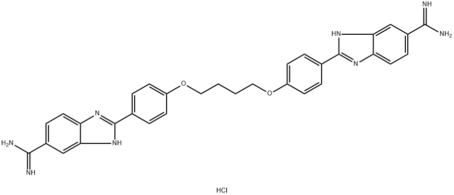 1H-Benzimidazole-6-carboximidamide, 2,2'-[1,4-butanediylbis(oxy-4,1-phenylene)]bis-, hydrochloride (1:4) Struktur