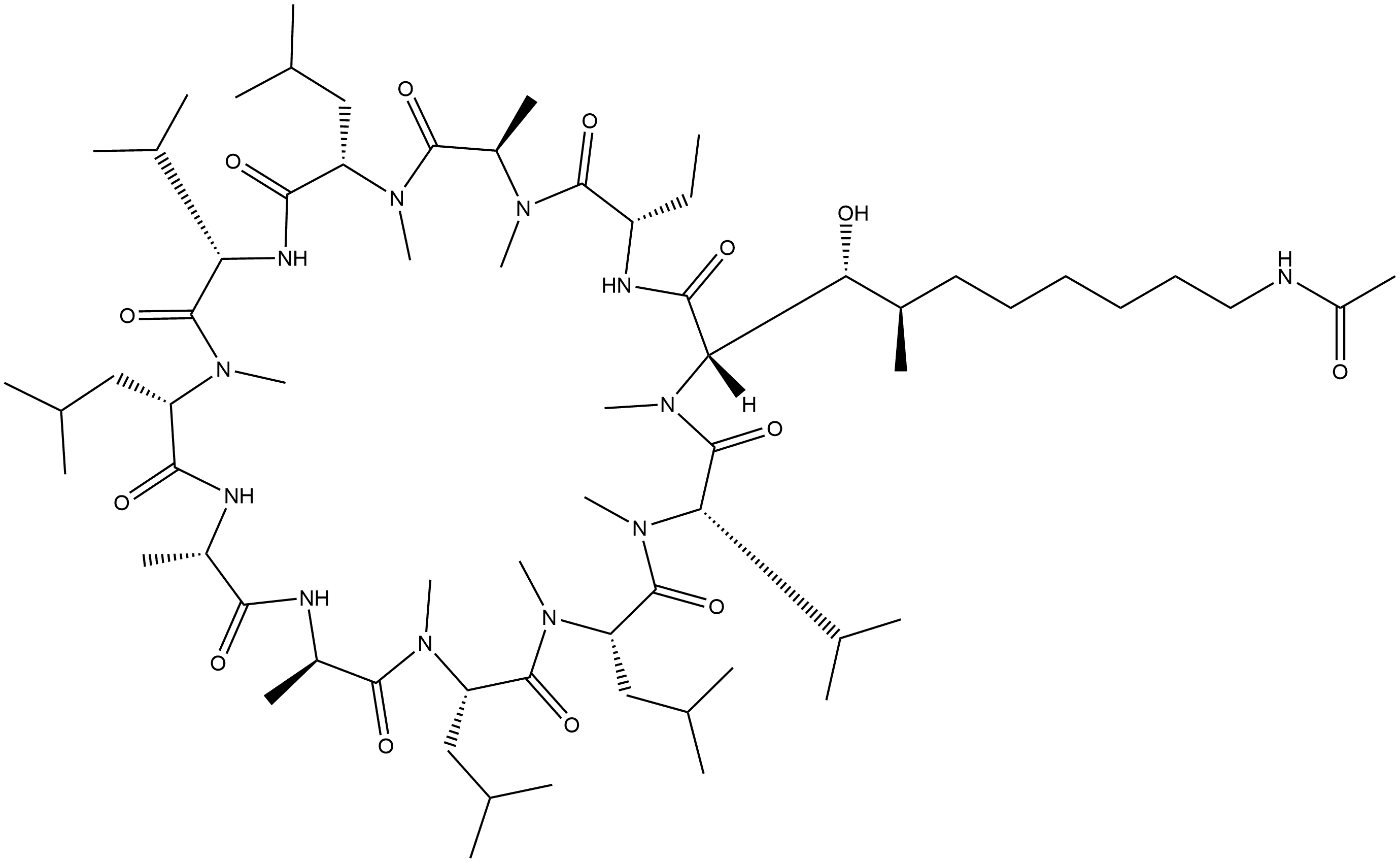 Cyclosporin A, 6-[(2S,3R,4R)-10-(acetylamino)-3-hydroxy-4-methyl-2-(methylamino)decanoic acid]-8-(N-methyl-D-alanine)- Struktur