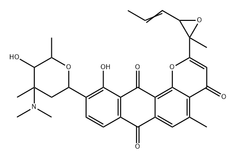 4H-Anthra[1,2-b]pyran-4,7,12-trione, 11-hydroxy-5-methyl-2-[2-methyl-3-(1-propenyl)oxiranyl]-10-[2,3,6-trideoxy-3-(dimethylamino)-3-C-methyl-α-L-lyxo-hexopyranosyl]- (9CI) Struktur