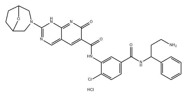 Pyrido[2,3-d]pyrimidine-6-carboxamide, N-[5-[[(3-amino-1-phenylpropyl)amino]carbonyl]-2-chlorophenyl]-7,8-dihydro-2-(8-oxa-3-azabicyclo[3.2.1]oct-3-yl)-7-oxo-, hydrochloride (1:1) Struktur