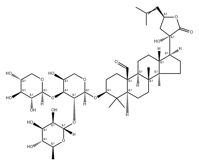 Dammar-24-en-21-oic acid, 3-[(O-6-deoxy-α-L-mannopyranosyl-(1→2)-O-[β-D-xylopyranosyl-(1→3)]-α-L-arabinopyranosyl)oxy]-20,23-dihydroxy-19-oxo-, γ-lactone, (3β,23S)- Struktur