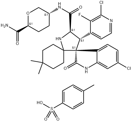 L-erythro-Hexonamide, 2,6-anhydro-5-[[[(3'R,4'S,5'R)-6''-chloro-4'-(2-chloro-3-fluoro-4-pyridinyl)-1'',2''-dihydro-4,4-dimethyl-2''-oxodispiro[cyclohexane-1,2'-pyrrolidine-3',3''-[3H]indol]-5'-yl]carbonyl]amino]-3,4,5-trideoxy-, 4-methylbenzenesulfonate (1:1) Struktur