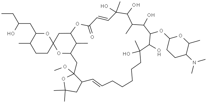 Spiro[22,26-methano-20H,24H-furo[2,3-h][1,5]dioxacyclohexacosin-24,2′-[2H]pyran]-20-one, 13-[[5-(dimethylamino)tetrahydro-6-methyl-2H-pyran-2-yl]oxy]-2,3,3′,3a,4′,5′,6,6′,7,8,9,10,11,12,13,14,15,16,17,22,23,26,27,27a-tetracosahydro-11,12,14,16,17-pentahydroxy-6′-(2-hydroxybutyl)-27a-methoxy-2,2,5′,11,15,17,28-heptamethyl- Struktur