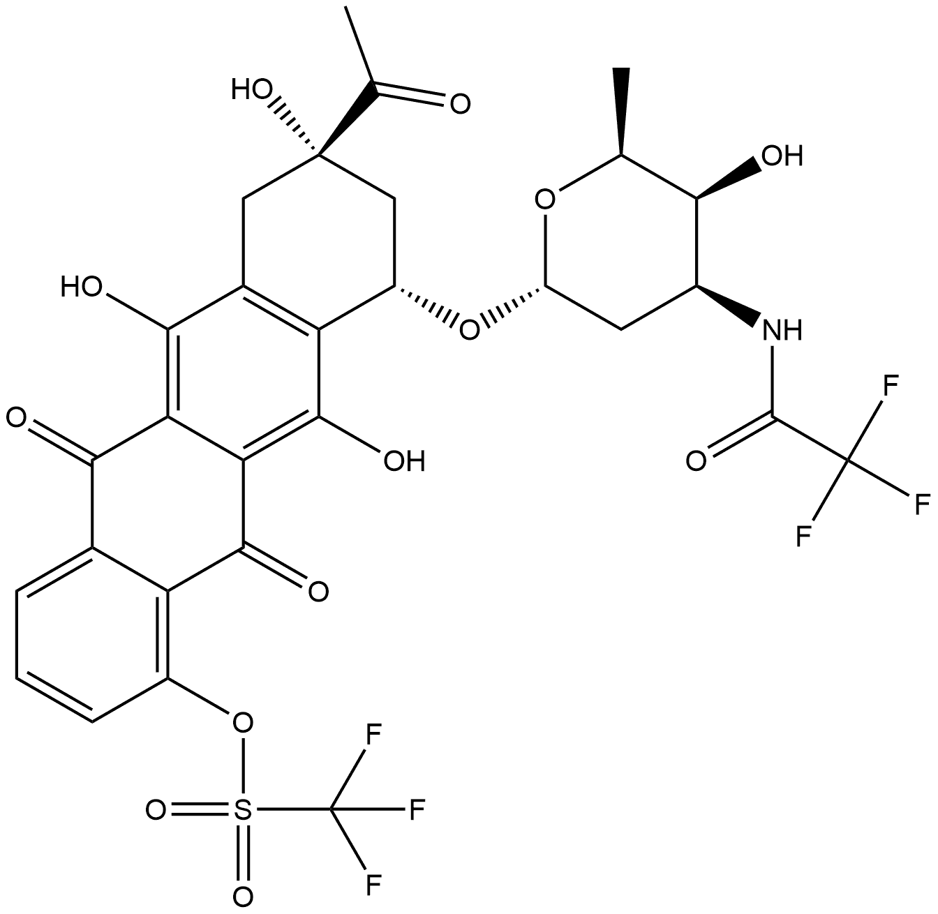 Methanesulfonic acid, 1,1,1-trifluoro-, (8S,10S)-8-acetyl-5,7,8,9,10,12-hexahydro-6,8,11-trihydroxy-5,12-dioxo-10-[[2,3,6-trideoxy-3-[(2,2,2-trifluoroacetyl)amino]-α-L-lyxo-hexopyranosyl]oxy]-1-naphthacenyl ester Struktur