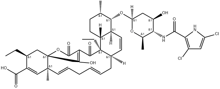 18H-16a,19-Metheno-16aH-benzo[b]naphth[2,1-j]oxacyclotetradecin-14-carboxylic acid, 15,20a-diethyl-1,2,3,4,4a,6a,7,10,12a,15,16,20,20a,20b-tetradecahydro-21-hydroxy-3,12a-dimethyl-18,20-dioxo-4-[[2,4,6-trideoxy-4-[[(3,5-dichloro-1H-pyrrol-2-yl)carbonyl]amino]-β-D-arabino-hexopyranosyl]oxy]-, (3S,4S,4aS,6aR,8E,11E,12aS,15S,16aS,20aR,20bR)- Struktur