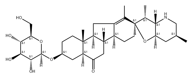 Spiro[9H-benzo[a]fluorene-9,2'(3'H)-furo[3,2-b]pyridin]-5(6H)-one, 3-(β-D-glucopyranosyloxy)-1,2,3,3'a,4,4',4a,5',6',6a,6b,7,7',7'a,8,11,11a,11b-octadecahydro-3',6',10,11b-tetramethyl-, (2'R,3S,3'R,3'aS,4aS,6'S,6aR,6bS,7'aR,11aS,11bR)- Struktur