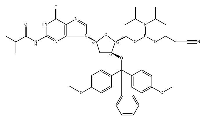 Guanosine, 3'-O-[bis(4-methoxyphenyl)phenylmethyl]-2'-deoxy-N-(2-methyl-1-oxopropyl)-, 5-[2-cyanoethyl N,N-bis(1-methylethyl)phosphoramidite] Struktur