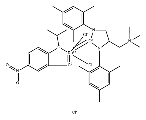 1,3-Bis(2,4,6-trimethylphenyl)-4-[(trimethylammonio)methyl]imidazolidin-2-ylidene]-(2-i-propoxy-5-nitrobenzylidene)dichlororuthenium(II) chloride nitro-StickyCat Cl Struktur