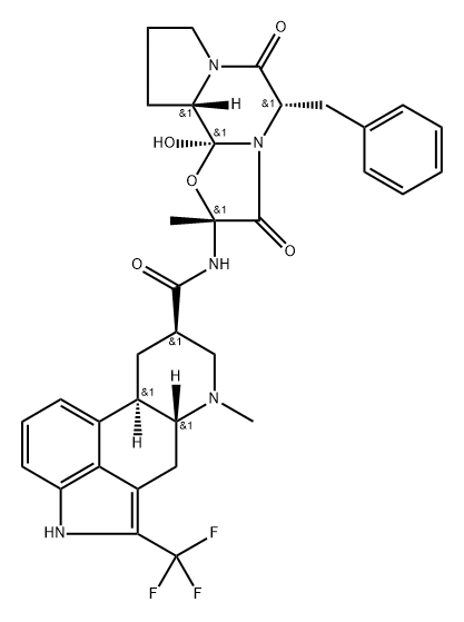 Ergotaman-3',6',18-trione, 9,10-dihydro-12'-hydroxy-2'-methyl-5'-(phenylmethyl)-2-(trifluoromethyl)-, (5'α,10α)- Struktur