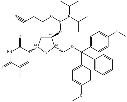 2,4(1H,3H)-Pyrimidinedione, 1-[5-O-[bis(4-methoxyphenyl)phenylmethyl]-3-O-[[bis(1-methylethyl)amino](2-cyanoethoxy)phosphino]-2-deoxy-β-L-erythro-pentofuranosyl]-5-methyl- Struktur