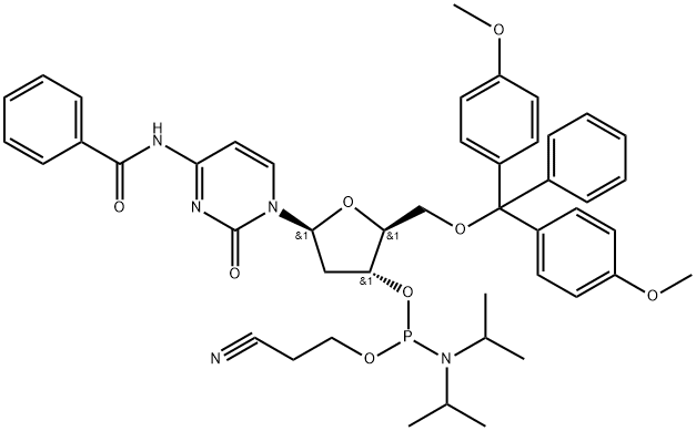 Benzamide, N-[1-[5-O-[bis(4-methoxyphenyl)phenylmethyl]-3-O-[[bis(1-methylethyl)amino](2-cyanoethoxy)phosphino]-2-deoxy-β-L-erythro-pentofuranosyl]-1,2-dihydro-2-oxo-4-pyrimidinyl]- Struktur