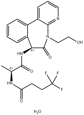 Butanamide, N-[(1S)-2-[[(7S)-6,7-dihydro-5-(2-hydroxyethyl)-6-oxo-5H-pyrido[3,2-a][3]benzazepin-7-yl]amino]-1-methyl-2-oxoethyl]-4,4,4-trifluoro-, hydrate (1:1) Struktur