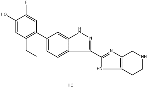 Phenol, 5-ethyl-2-fluoro-4-[3-(4,5,6,7-tetrahydro-3H-imidazo[4,5-c]pyridin-2-yl)-1H-indazol-6-yl]-, hydrochloride (1:2) Struktur