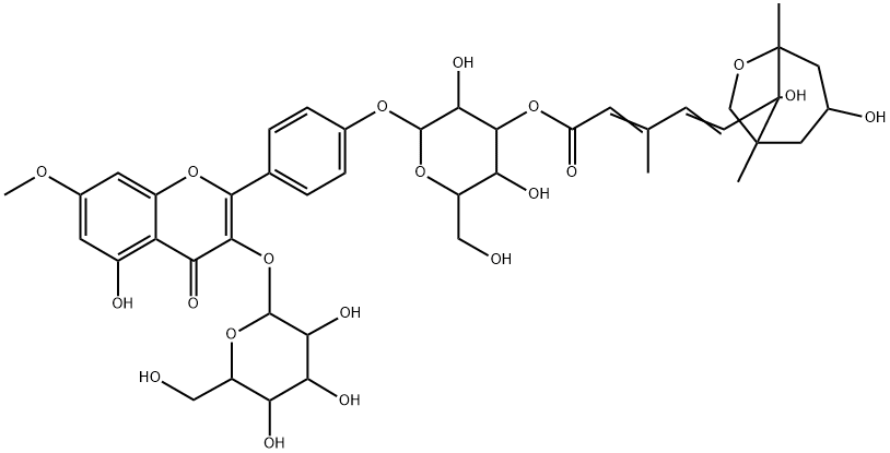 4H-1-Benzopyran-4-one, 2-[4-[[3-O-[5-(3,8-dihydroxy-1,5-dimethyl-6-oxabicyclo[3.2.1]oct-8-yl)-3-methyl-1-oxo-2,4-pentadienyl]-β-D-glucopyranosyl]oxy]phenyl]-3-(β-D-glucopyranosyloxy)-5-hydroxy-7-methoxy-, [1R-[1α,3α,5α,8S*(2Z,4E)]]- (9CI) Struktur