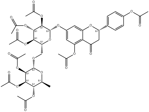 4H-1-Benzopyran-4-one, 5-(acetyloxy)-2-[4-(acetyloxy)phenyl]-2,3-dihydro-7-[[2,3,4-tri-O-acetyl-6-O-(2,3,4-tri-O-acetyl-6-deoxy-α-L-mannopyranosyl)-β-D-glucopyranosyl]oxy]-, (2S)- Struktur