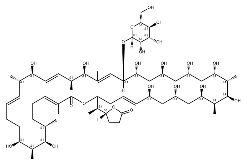 Oxacyclodotetraconta-3,13,17,21,39-pentaen-2-one, 8,10,16,20,24,26,28,30,32,34,36,38-dodecahydroxy-23-(α-D-mannopyranosyloxy)-3,7,9,15,19,21,31,33-octamethyl-42-[(1R)-1-[(2R)-tetrahydro-5-oxo-2-furanyl]ethyl]-, (3E,7S,8R,9S,10S,13E,15S,16S,17E,19S,20R,21E,23S,24R,26S,28S,30S,31S,32R,33S,34R,36S,38S,39E,42S)- Struktur