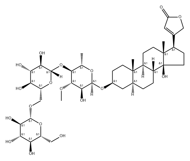 Card-20(22)-enolide, 3-[(O-β-D-glucopyranosyl-(1→6)-O-β-D-glucopyranosyl-(1→4)-6-deoxy-3-O-methyl-α-L-glucopyranosyl)oxy]-14-hydroxy-, (3β,5α)- Struktur