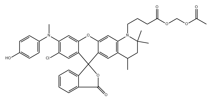 Spiro[6H-[1]benzopyrano[3,2-g]quinoline-6,1'(3'H)-isobenzofuran]-1(2H)-butanoic acid, 8-chloro-3,4-dihydro-9-[(4-hydroxyphenyl)methylamino]-2,2,4-trimethyl-3'-oxo-, (acetyloxy)methyl ester Struktur