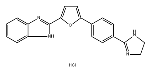 1H-Benzimidazole, 2-[5-[4-(4,5-dihydro-1H-imidazol-2-yl)phenyl]-2-furanyl]-, hydrochloride (1:2) Struktur