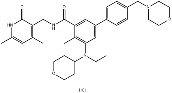 [1,1'-Biphenyl]-3-carboxamide, N-[(1,2-dihydro-4,6-dimethyl-2-oxo-3-pyridinyl)methyl]-5-[ethyl(tetrahydro-2H-pyran-4-yl)amino]-4-methyl-4'-(4-morpholinylmethyl)-, hydrochloride (1:1) Struktur