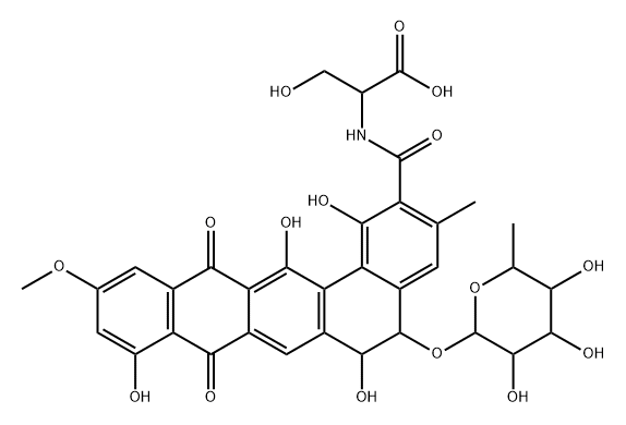 D-Serine, N-[[5-[(6-deoxy-β-D-galactopyranosyl)oxy]-5,6,8,13-tetrahydro-1,6,9,14-tetrahydroxy-11-methoxy-3-methyl-8,13-dioxobenzo[a]naphthacen-2-yl]carbonyl]-, (5S-trans)- (9CI) Struktur