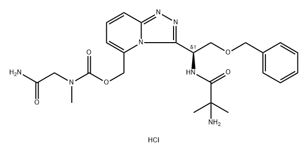 Carbamic acid, N-(2-amino-2-oxoethyl)-N-methyl-, [3-[(1S)-1-[(2-amino-2-methyl-1-oxopropyl)amino]-2-(phenylmethoxy)ethyl]-1,2,4-triazolo[4,3-a]pyridin-5-yl]methyl ester, dihydrochloride (1:2) Struktur