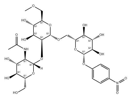 4-nitrophenyl O-(2-acetamido-2-deoxyglucopyranosyl)-(1-2)-O-(6-O-methylmannopyranosyl)-(1-6)-glucopyranoside Struktur