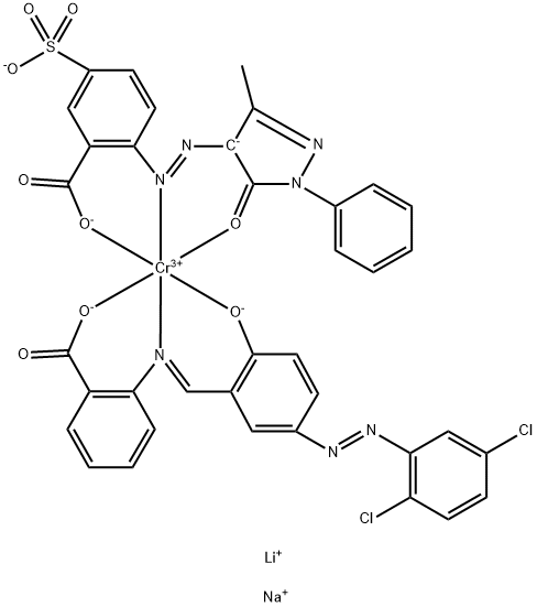 Chromate(2-), 2-5-(2,5-dichlorophenyl)azo-2-(hydroxy-.kappa.O)phenylmethyleneamino-.kappa.Nbenzoato(2-)-.kappa.O2-4,5-dihydro-3-methyl-5-(oxo-.kappa.O)-1-phenyl-1H-pyrazol-4-ylazo-.kappa.N1-5-sulfobenzoato(3-)-.kappa.O-, lithium sodium Struktur