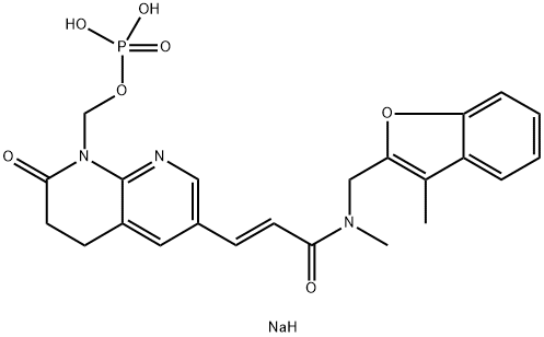 2-Propenamide, N-methyl-N-[(3-methyl-2-benzofuranyl)methyl]-3-[5,6,7,8-tetrahydro-7-oxo-8-[(phosphonooxy)methyl]-1,8-naphthyridin-3-yl]-, sodium salt (1:2), (2E)- Struktur