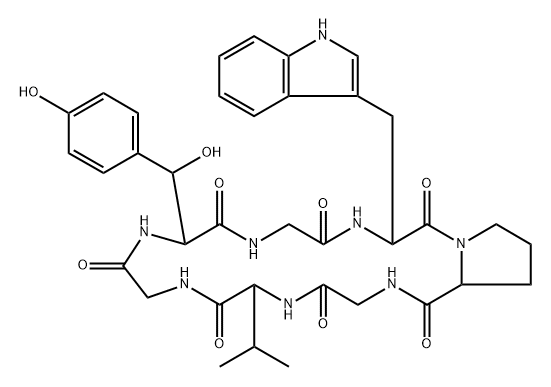 Cyclo(glycyl-L-tryptophyl-L-prolylglycyl-L-valylglycyl-β-hydroxy-L-tyrosyl) (9CI) Struktur