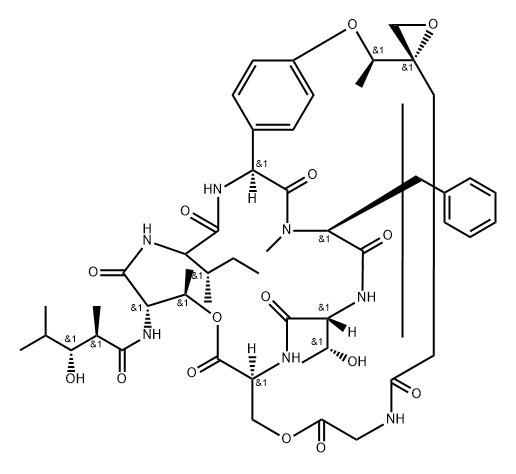 L-Serine, N-[(2R,3R)-3-hydroxy-2,4-dimethyl-1-oxopentyl]-L-threonyl-D-alloisoleucyl-(2S)-2-(4-hydroxyphenyl)glycyl-N-methyl-L-phenylalanyl-D-allothreonyl-O-[N-[(2E)-3-[(2S)-2-[(1R)-1-hydroxyethyl]-2-oxiranyl]-1-oxo-2-propen-1-yl]glycyl]-, (6→13)-lactone, cyclic (1'→3)-ether Struktur