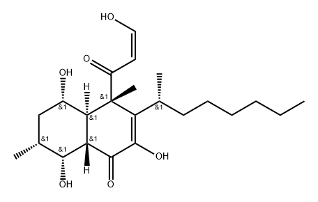 1(4H)-Naphthalenone, 4a,5,6,7,8,8a-hexahydro-2,5,8-trihydroxy-4-[(2Z)-3-hydroxy-1-oxo-2-propen-1-yl]-4,7-dimethyl-3-[(1R)-1-methylheptyl]-, (4S,4aR,5S,7R,8R,8aS)-rel-(+)- Struktur