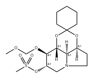 Spirocyclohexane-1,2-1,3dioxino4,5,6-hiindolizin-8-ol, octahydro-9-(methoxymethoxy)-, methanesulfonate (ester), 3aS-(3a.alpha.,8.alpha.,9.beta.,9a.beta.,9b.alpha.)- Struktur