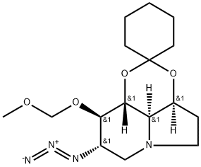 Spirocyclohexane-1,2-1,3dioxino4,5,6-hiindolizine, 8-azidooctahydro-9-(methoxymethoxy)-, 3aS-(3a.alpha.,8.alpha.,9.beta.,9a.beta.,9b.alpha.)- Struktur