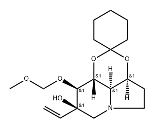 Spirocyclohexane-1,2-1,3dioxino4,5,6-hiindolizin-8-ol, 8-ethenyloctahydro-9-(methoxymethoxy)-, 3aS-(3a.alpha.,8.beta.,9.beta.,9a.beta.,9b.alpha.)- Struktur