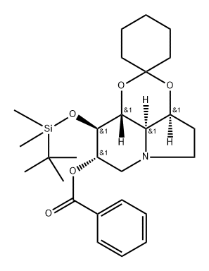 Spirocyclohexane-1,2-1,3dioxino4,5,6-hiindolizin-8-ol, 9-(1,1-dimethylethyl)dimethylsilyloxyoctahydro-, benzoate (ester), 3aS-(3a.alpha.,8.alpha.,9.beta.,9a.beta.,9b.alpha.)- Struktur