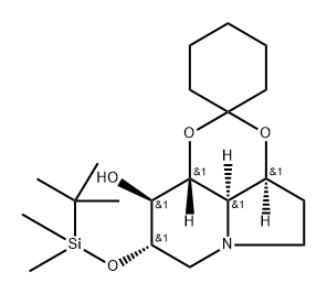 Spirocyclohexane-1,2-1,3dioxino4,5,6-hiindolizin-9-ol, 8-(1,1-dimethylethyl)dimethylsilyloxyoctahydro-, 3aS-(3a.alpha.,8.alpha.,9.beta.,9a.beta.,9b.alpha.)- Struktur