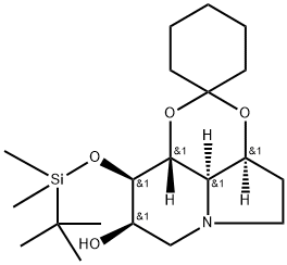 Spirocyclohexane-1,2-1,3dioxino4,5,6-hiindolizin-8-ol, 9-(1,1-dimethylethyl)dimethylsilyloxyoctahydro-, 3aS-(3a.alpha.,8.beta.,9.beta.,9a.beta.,9b.alpha.)- Struktur