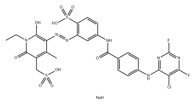 3-Pyridinemethanesulfonicacid,5-[2-[5-[[4-[(5-chloro-2,6-difluoro-4-pyrimidinyl)amino]benzoyl]amino]-2-sulfophenyl]diazenyl]-1-ethyl-1,2-dihydro-6-hydroxy-4-methyl-2-oxo-,sodium salt (1:2) Struktur