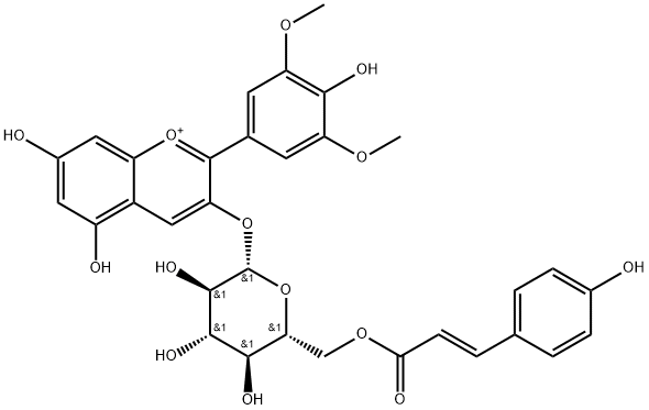 1-Benzopyrylium, 5,7-dihydroxy-2-(4-hydroxy-3,5-dimethoxyphenyl)-3-[[6-O-[(2E)-3-(4-hydroxyphenyl)-1-oxo-2-propen-1-yl]-β-D-glucopyranosyl]oxy]- Struktur