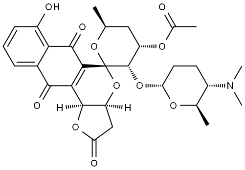 Spiro[5H-furo[3,2-b]naphtho[2,3-d]pyran-5,2'-[2H]pyran]-2,6,11(3H)-trione, 4'-(acetyloxy)-3'-[[5-(dimethylamino)tetrahydro-6-methyl-2H-pyran-2-yl]oxy]-3',3a,4',5',6',11b-hexahydro-7-hydroxy-6'-methyl-, [2'R-[2'α(3aR*,11bR*),3'α(2R*,5S*,6R*),4'α,6'β]]- (9CI) Struktur