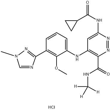 3-Pyridazinecarboxamide, 6-[(cyclopropylcarbonyl)amino]-4-[[2-methoxy-3-(1-methyl-1H-1,2,4-triazol-3-yl)phenyl]amino]-N-(methyl-d3)-, hydrochloride (1:1) Struktur