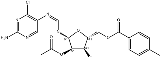 9-(2-O-Acetyl-5-O-toluyl-3-deoxy-3-fluoro-beta-D-ribofuranosyl)-2-amino-6-chloro-9H-purine Struktur